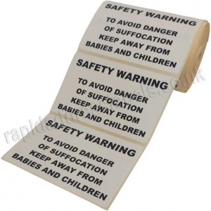Polythene Bag Safety Warning Labels, 101.6 x 63.5mm - Roll of 500